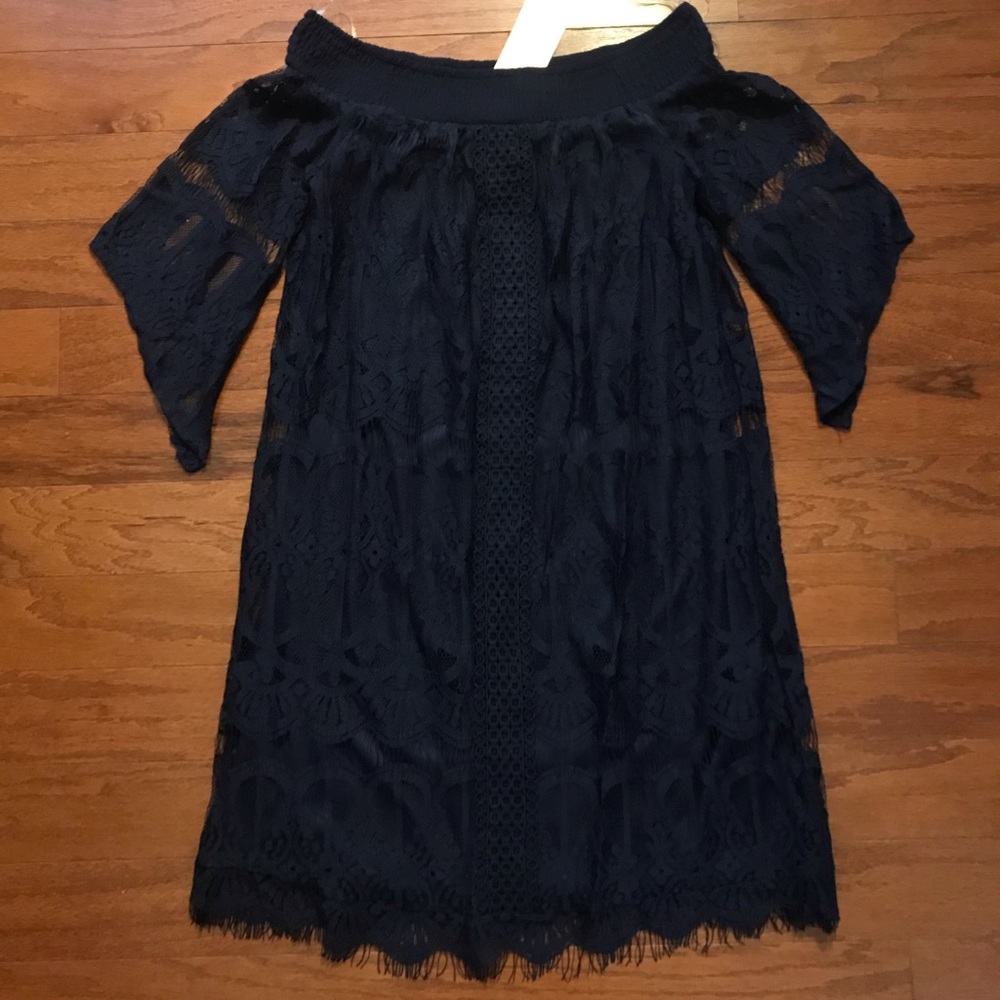 Navy lace off the shoulder midi dress